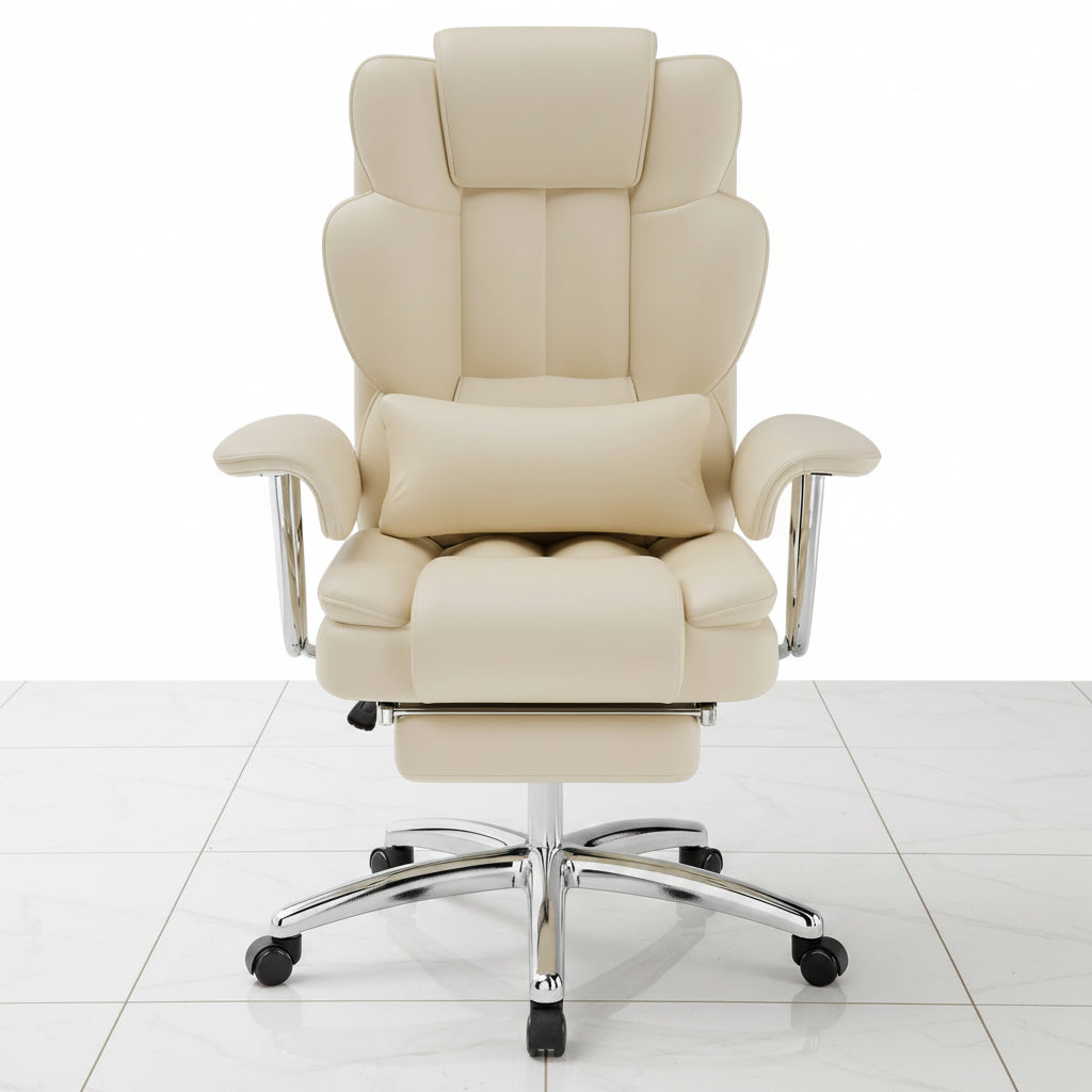 Beige PU leather chair reclining position