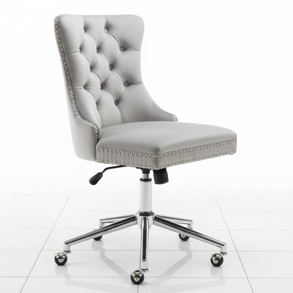 Beige tufted office chair side view