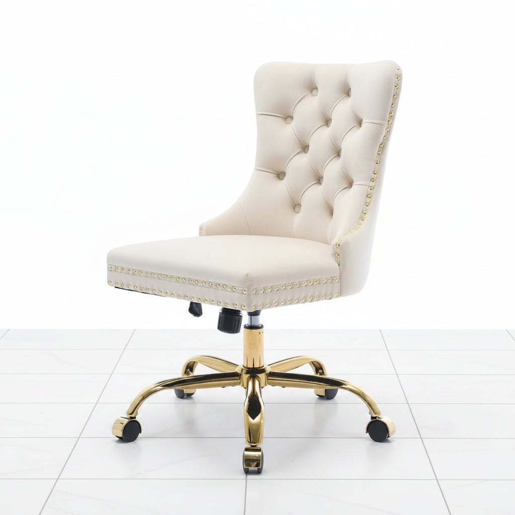 Beige velvet office chair side view