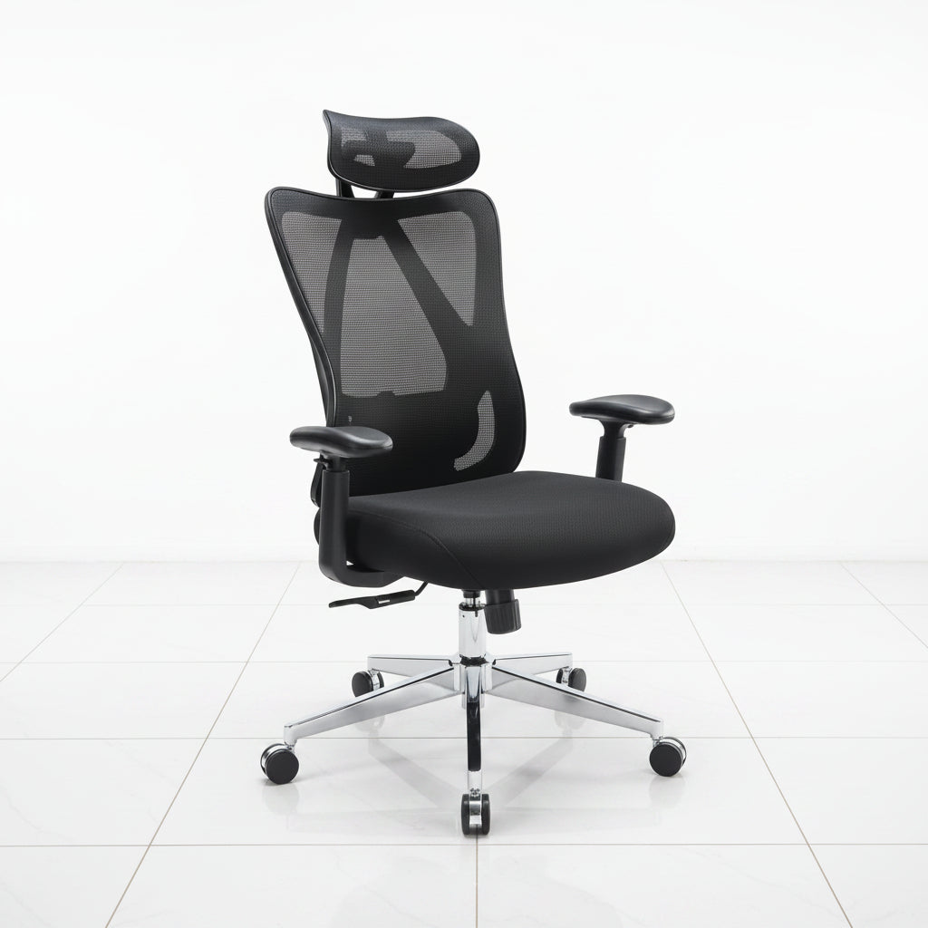 Black mesh office chair with adjustable height