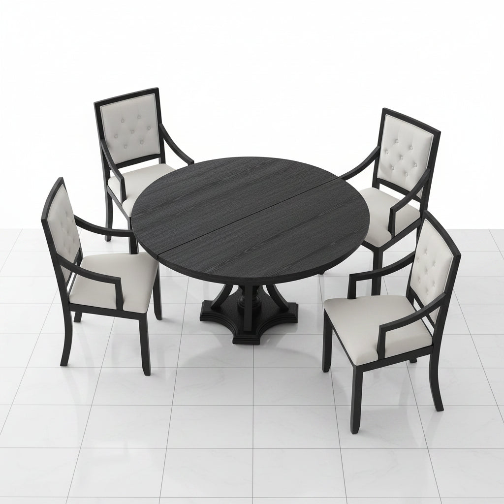 Black and oak round dining table set front view