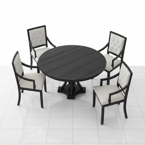 Black and oak round dining table set front view