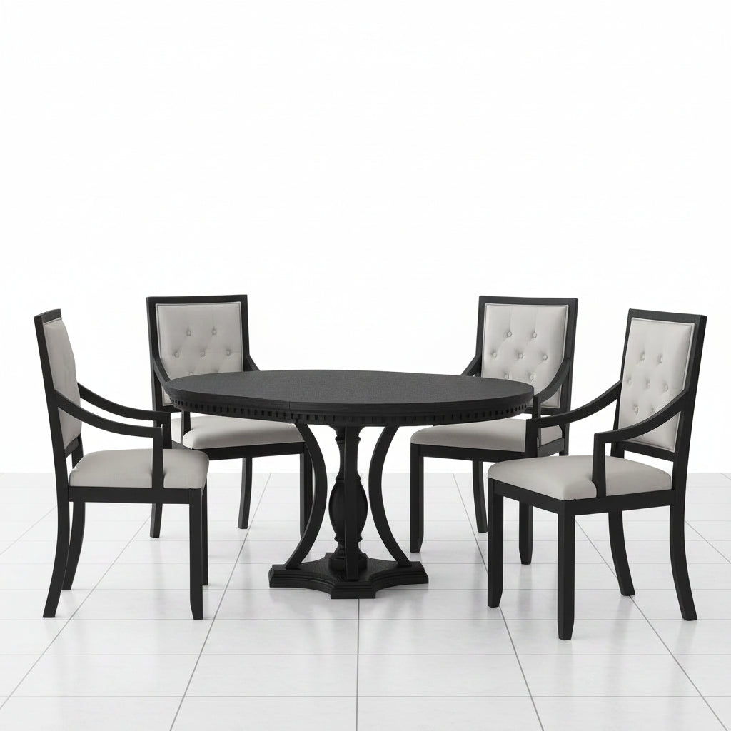 Black and oak round dining set angle view