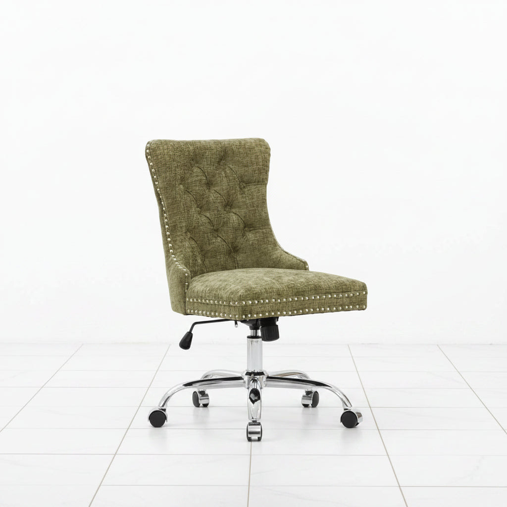 Green chenille office chair with swivel base