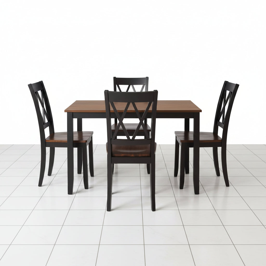 Espresso dining table with four black chairs