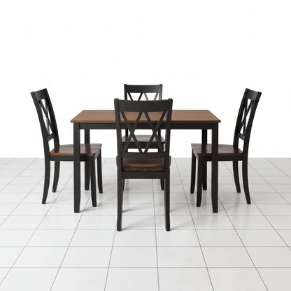 Espresso dining table with four black chairs