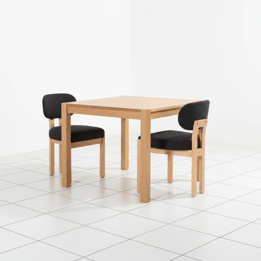 Black fabric seat dining chair detail