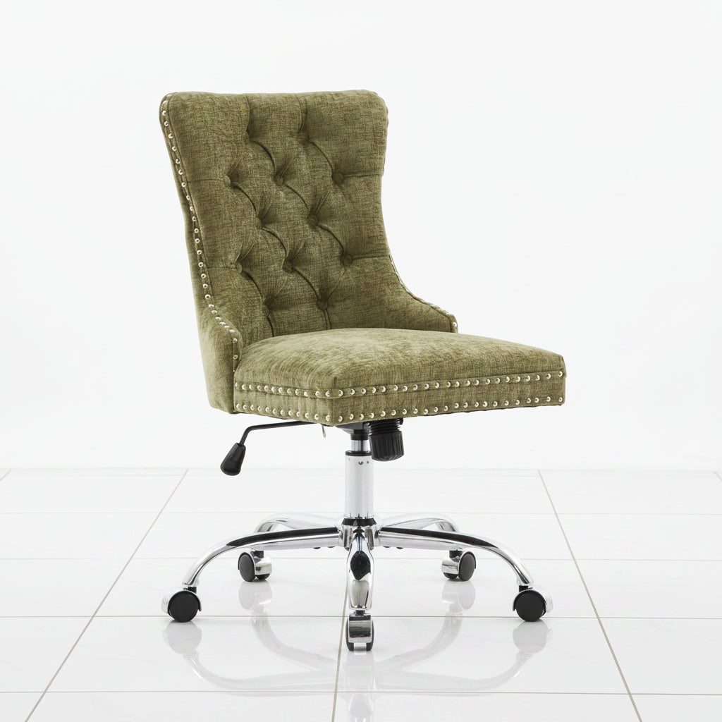 Green chenille office chair side view