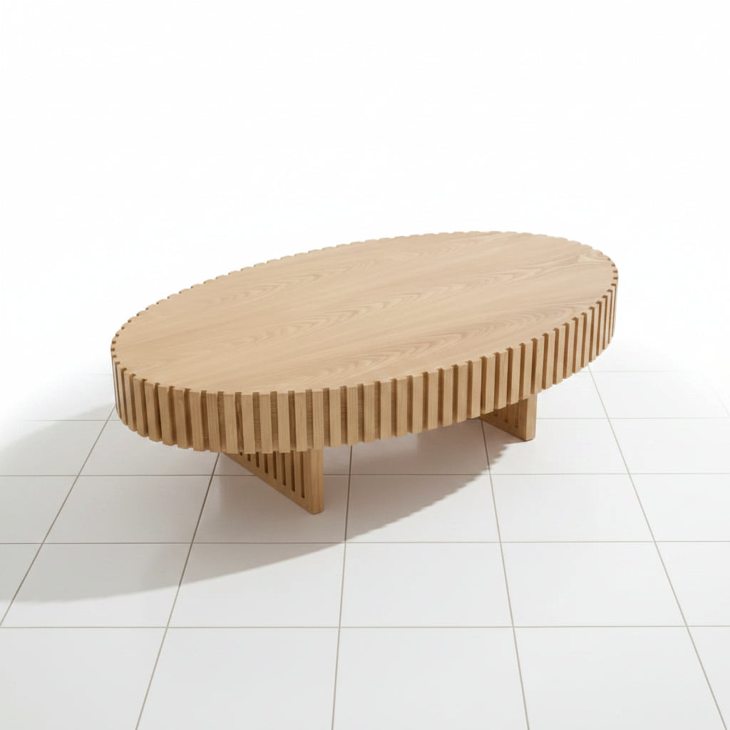 Natural ash drum coffee table angle view