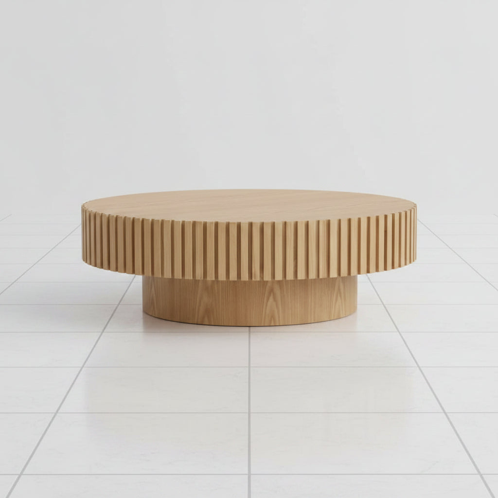 Natural ash oval drum coffee table front view