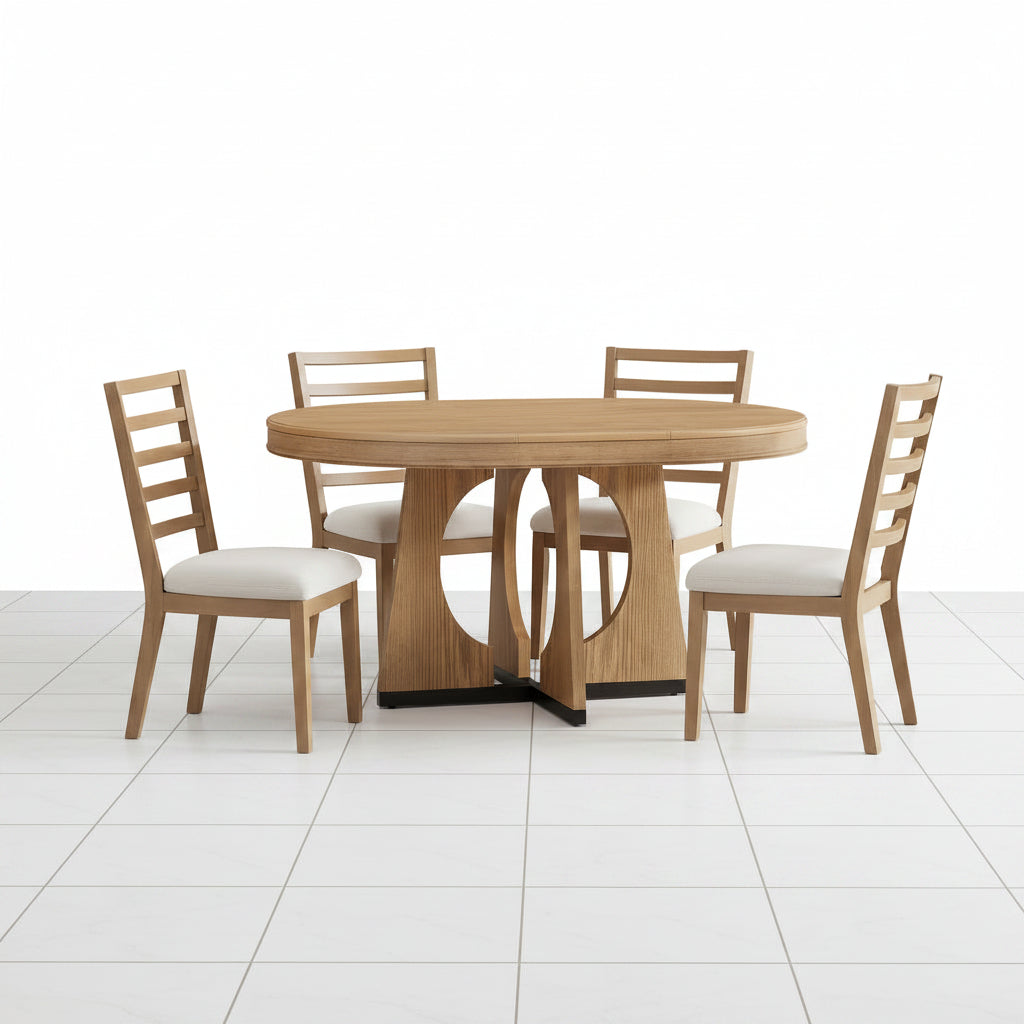 Natural wood dining table set with four chairs