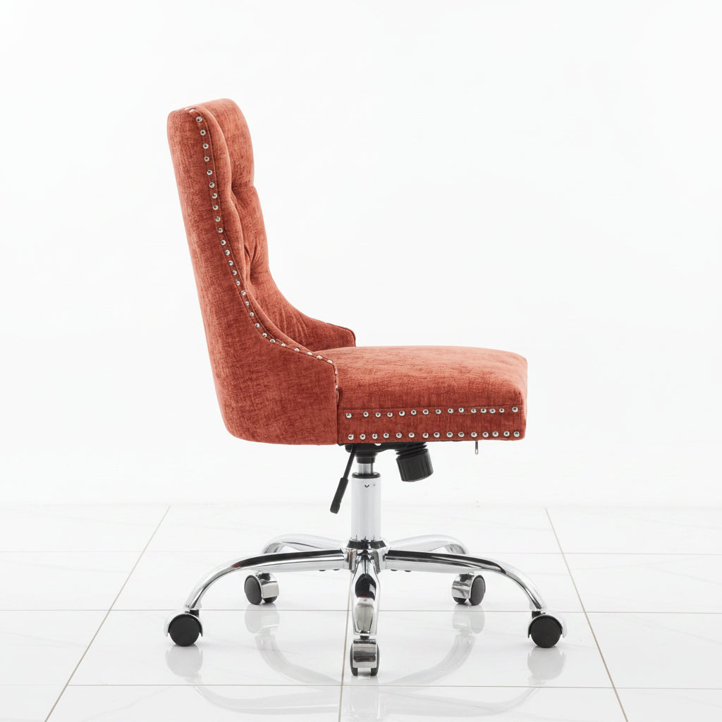 Orange chenille office chair side view