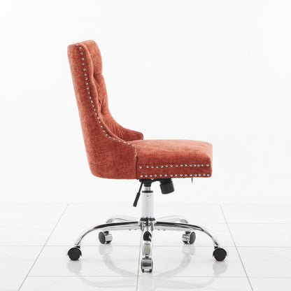 Orange chenille office chair side view