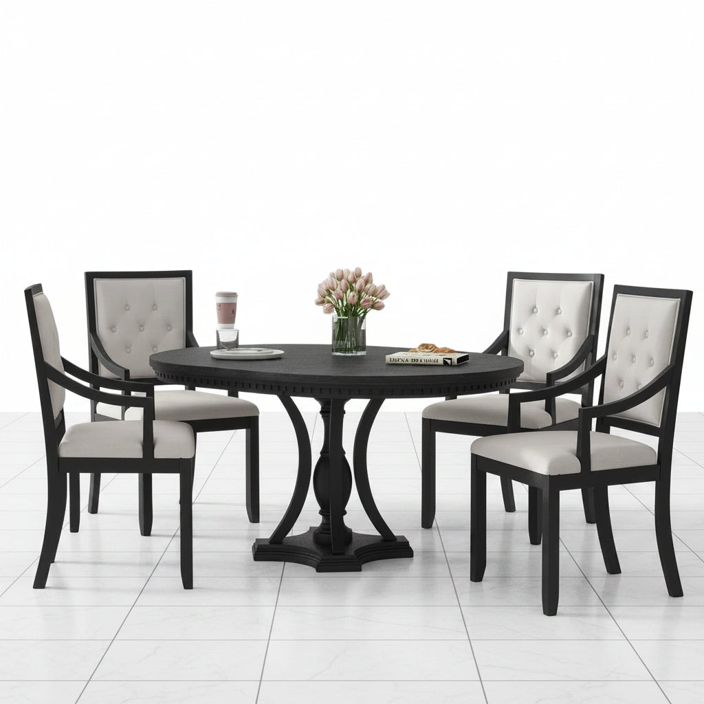 Round dining table with four chairs in black and oak
