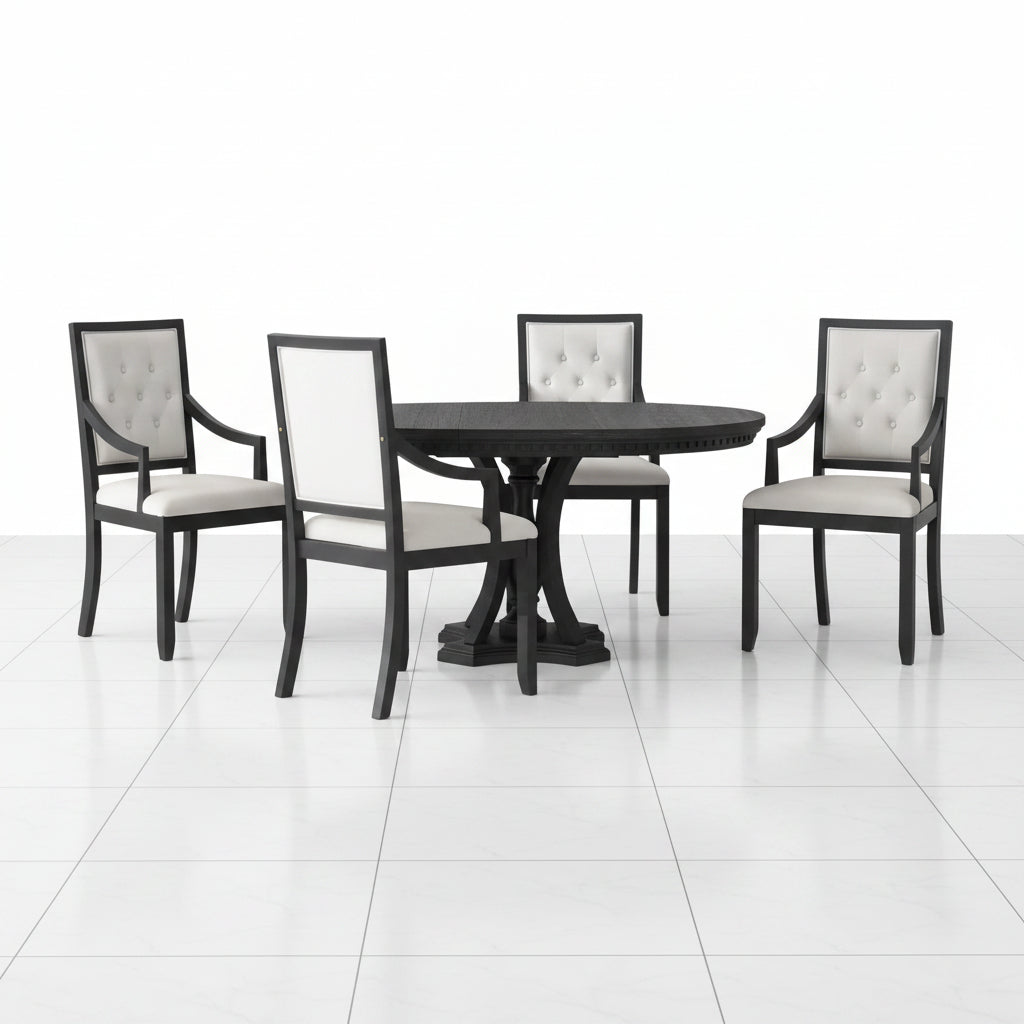 Round dining table set with four matching chairs