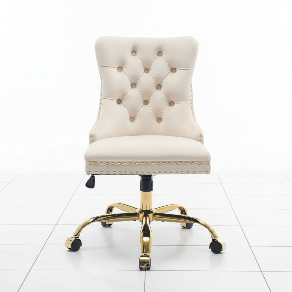 Beige velvet office chair with swivel base