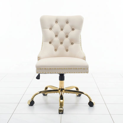 Beige velvet office chair with swivel base
