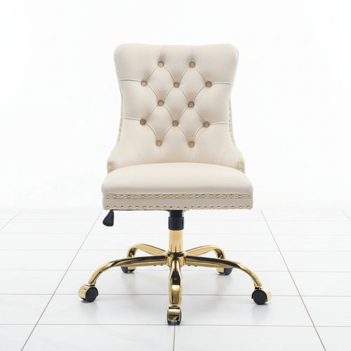 Beige velvet office chair with swivel base