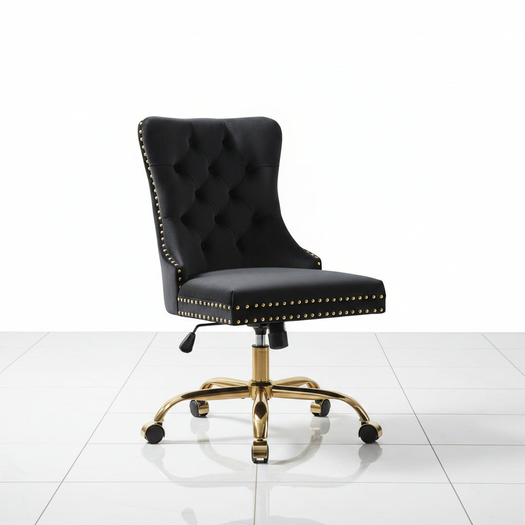 Black velvet office chair with swivel base