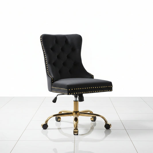 Black velvet office chair with swivel base