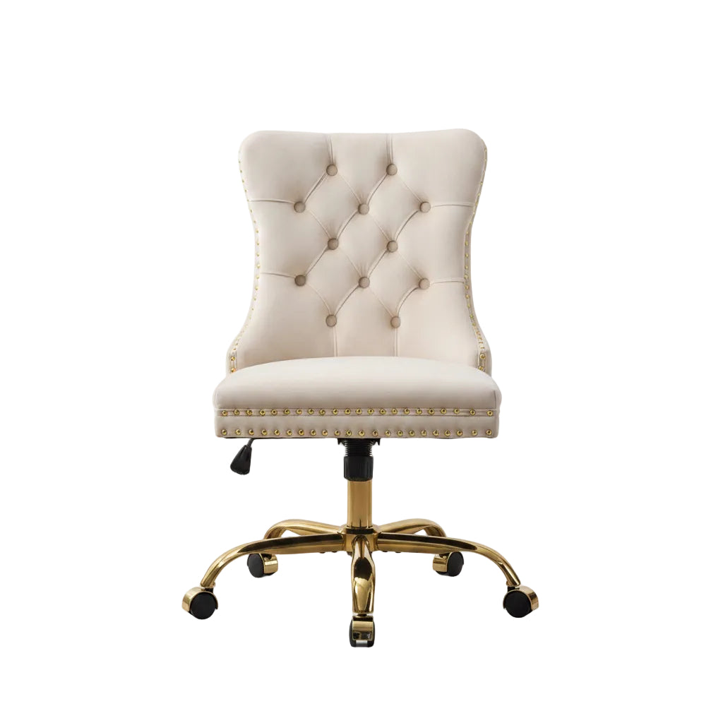 Beige office chair with gold accents in a home office setting
