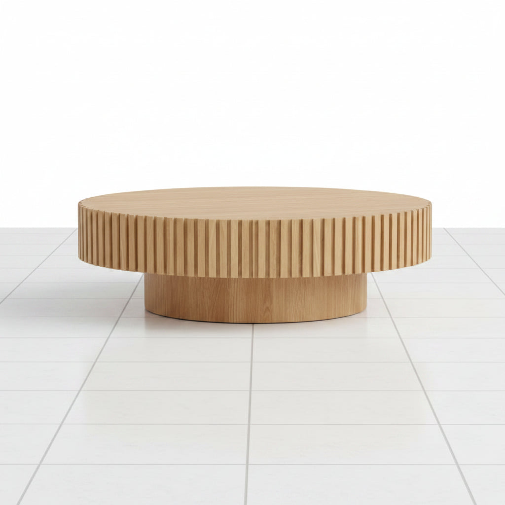 Wood look drum coffee table side view